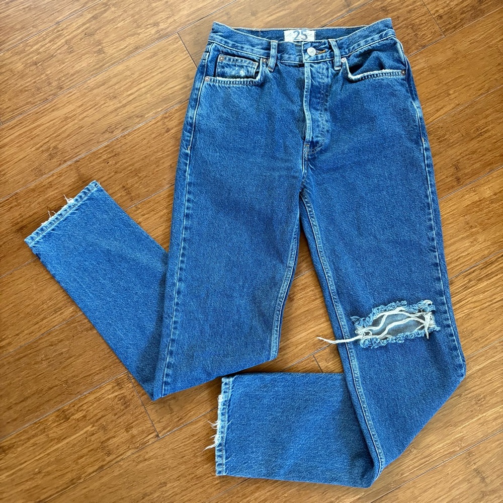 WE THE FREE PEOPLE RIPPED DENIM CASUAL BLUE JEANS SIZE 25 SMALL BUTTON FLY